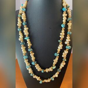 Turquoise White Stone Beaded Necklace Gold Tone Spacer Beads 34" Women’s Jewelry